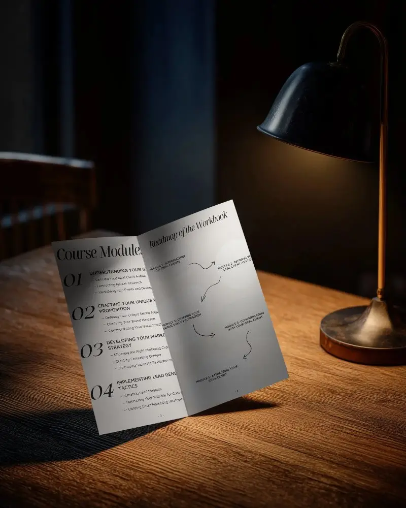 Premium Minimalist Brochure Mockup On Wooden Table With Soft Lamp Lighting Effect