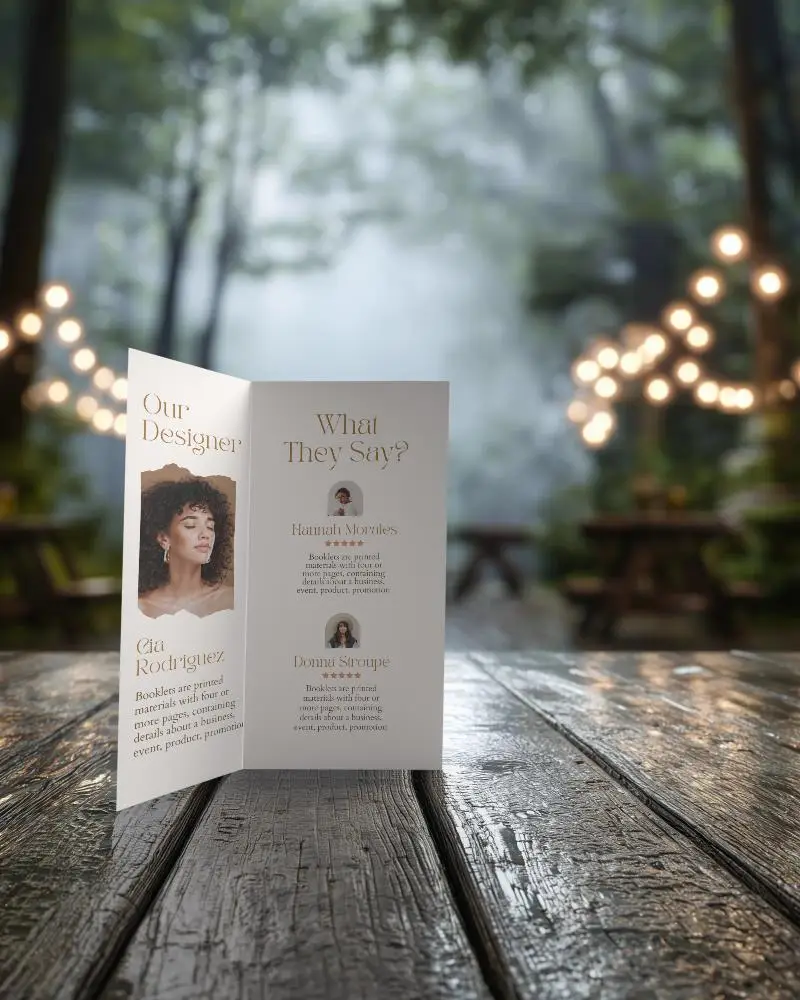 High Quality Folded Brochure Mockup Displayed On Wooden Surface With Bokeh Lights
