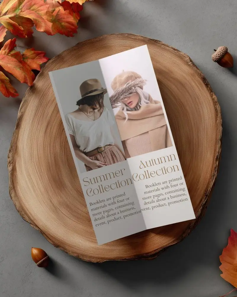 Clean Minimal Brochure Mockup On Natural Wood Surround With Acorns And Autumn Leaves