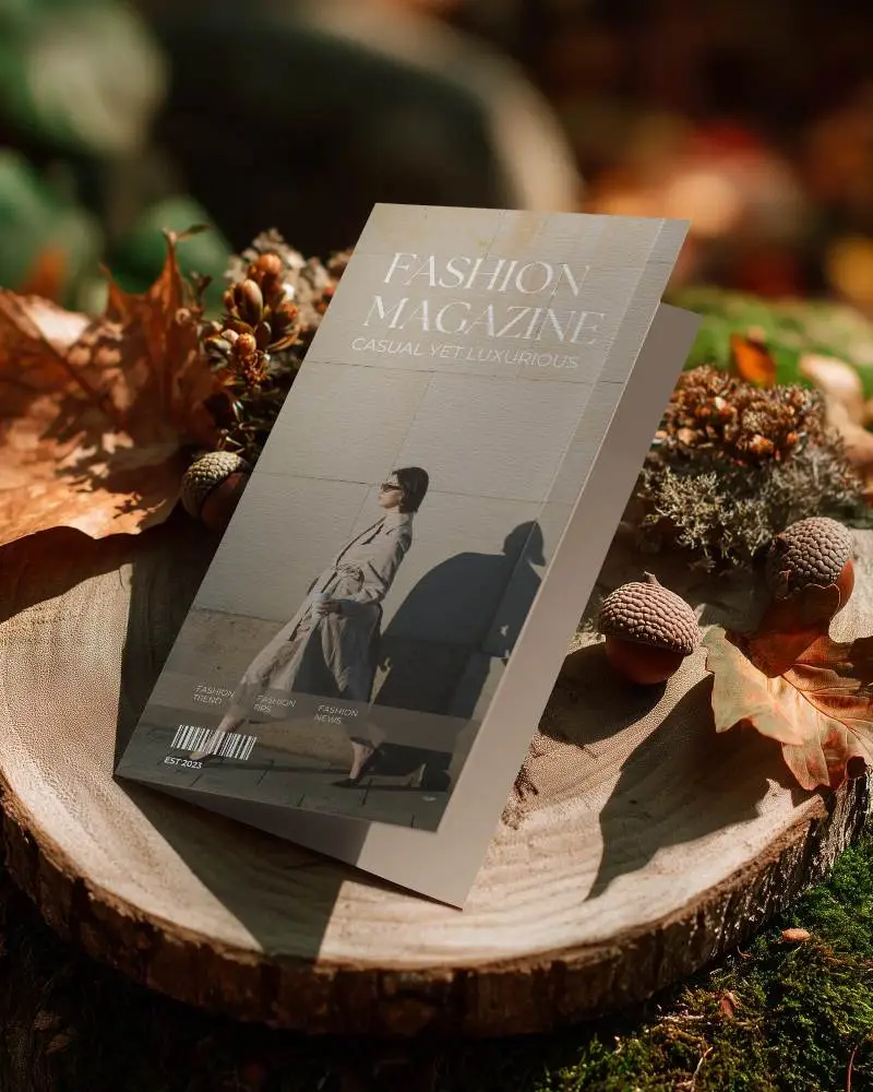 Nature Inspired Brochure Mockup On Wood Slab With Autumn Leaves And Acorns