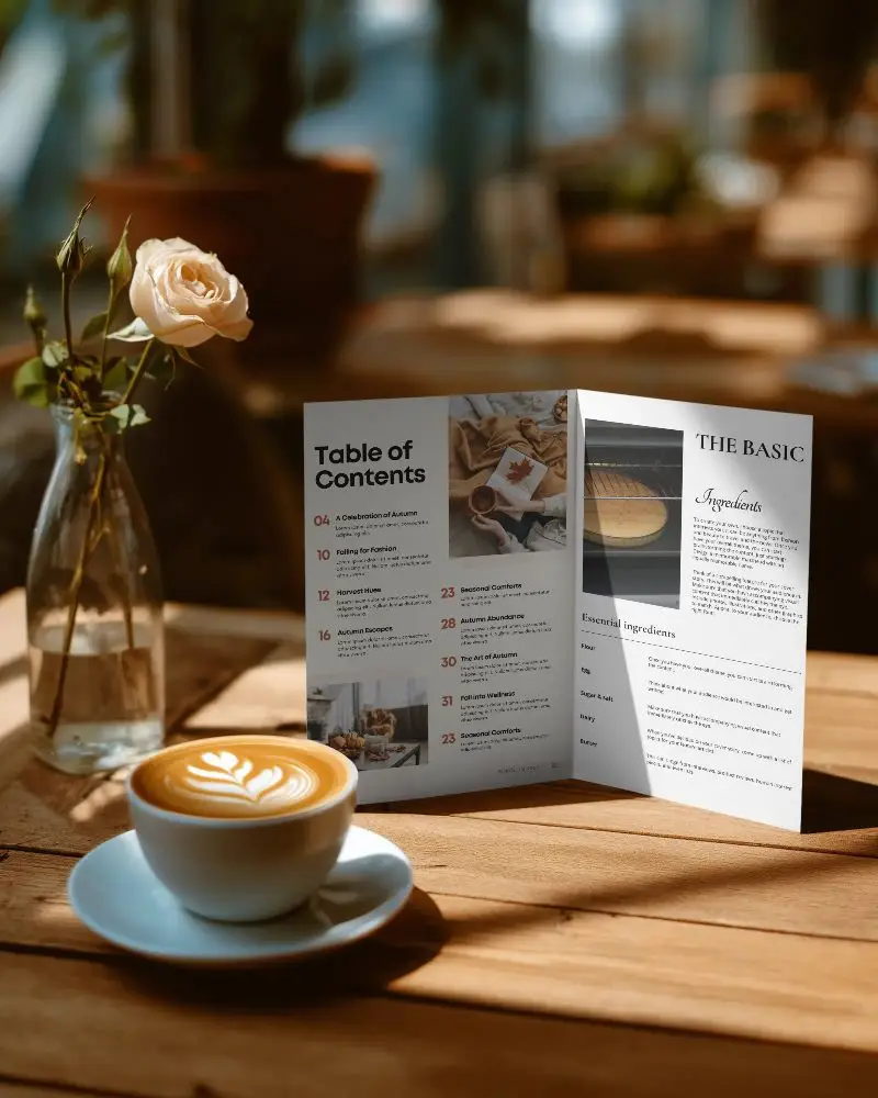 Elegant Folded Brochure Mockup Displayed Next To Coffee Cup And Rose In Glass Vase