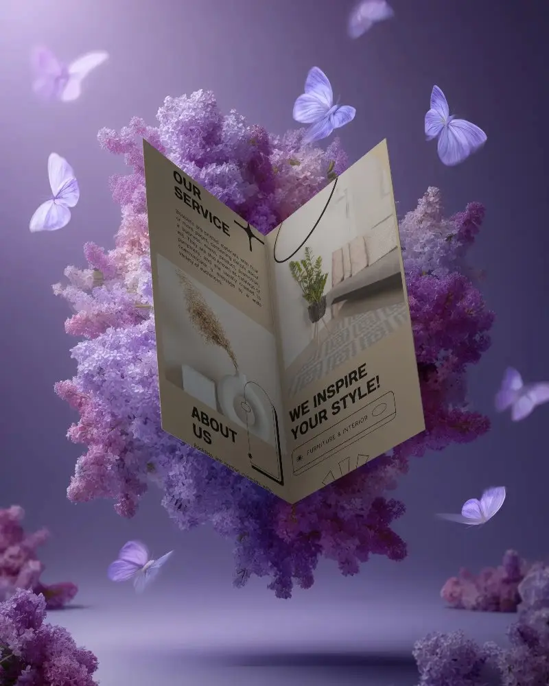 Creative Floating Brochure Mockup Surrounded By Delicate Floral And Light Butterfly Accents