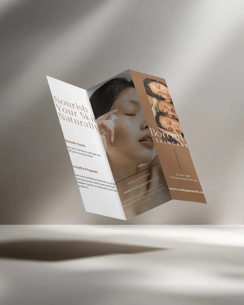 Clean Minimal Trifold Paper Brochure Floating In Studio Background For Design Presentation