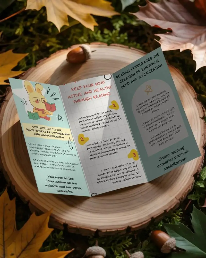Open Trifold Brochure Mockup Laying On Wood Surface Surrounded By Fall Nature Elements