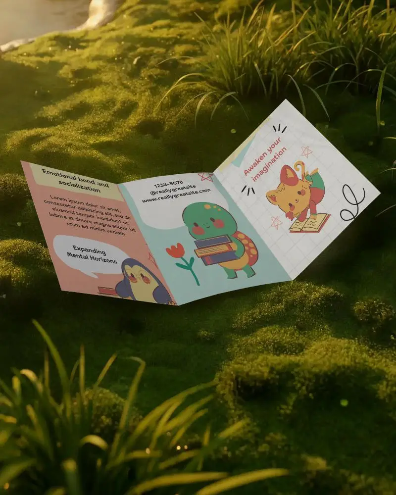 Realistic Trifold Brochure Mockup Displayed On Lush Green Moss With Soft Natural Light