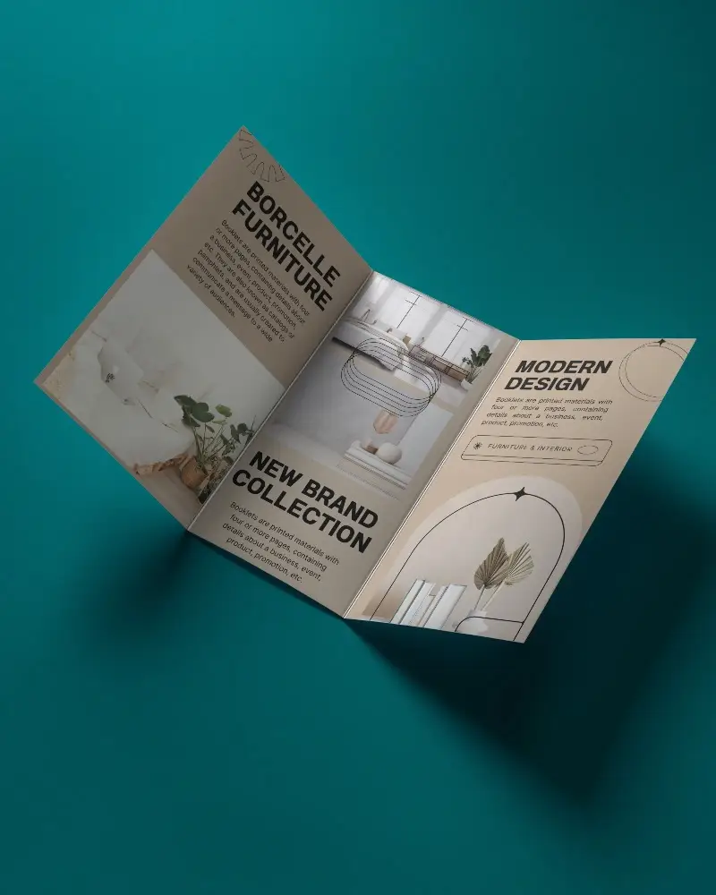 Tri Fold Brochure Mockup Floating On Solid Background For Print Design Display