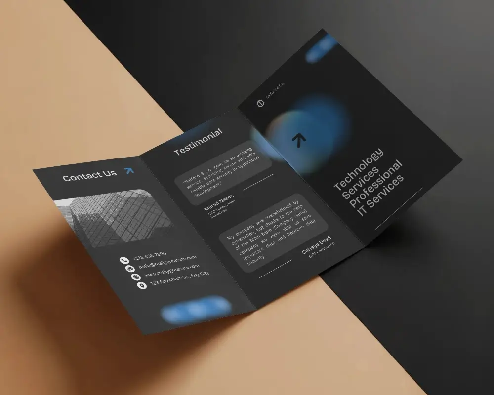 Modern Trifold Brochure Mockup Presented On Geometric Dark And Light Color Background