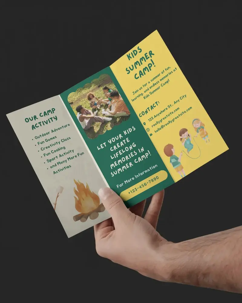 Hand Holding Open Trifold Brochure Mockup For Print Marketing Showcase Or Presentation