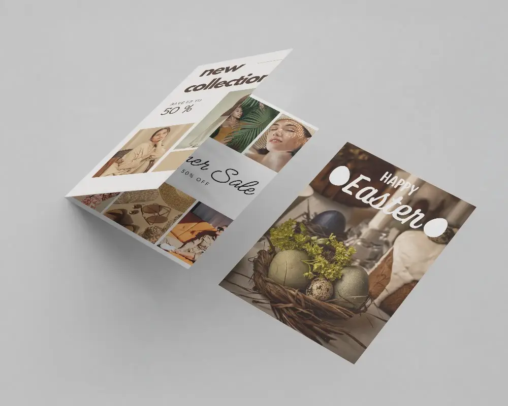 Sleek Brochure Mockup Floating Bifold Paper And Single Page Display On Light Gray Surface