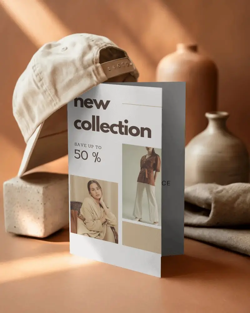Warm Styled Bifold Brochure Mockup With Cap And Ceramic Decor In Soft Natural Light
