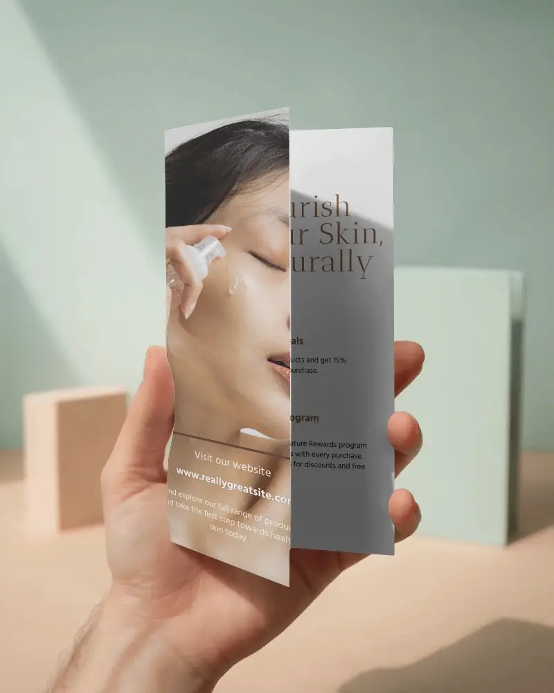 Hand Held Bifold Brochure Mockup In Soft Studio Light With Modern Minimal Background