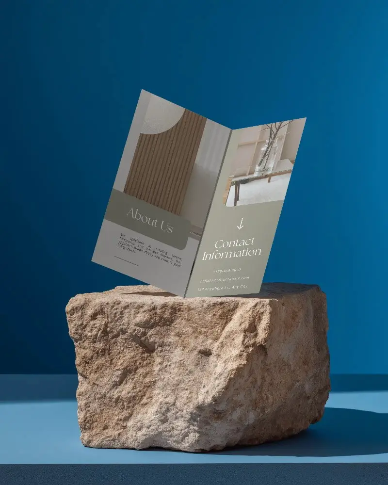 Elegant Folded Brochure Mockup Floating Above Natural Stone Textured Surface Background