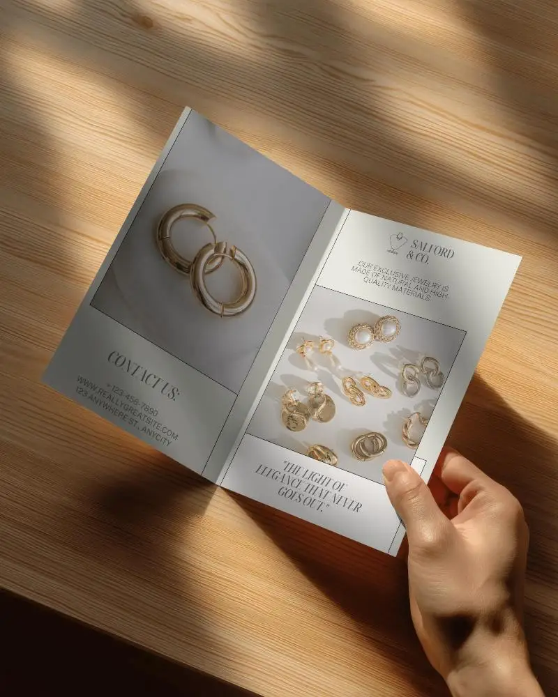 Hand Holding Minimalist Bifold Brochure On Wooden Surface With Natural Light Shadows