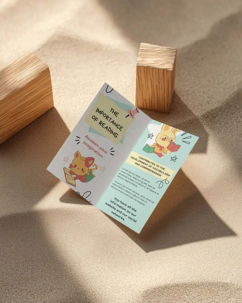 Textured Two Page Brochure Mockup Placed On Grainy Surface With Wooden Blocks Design