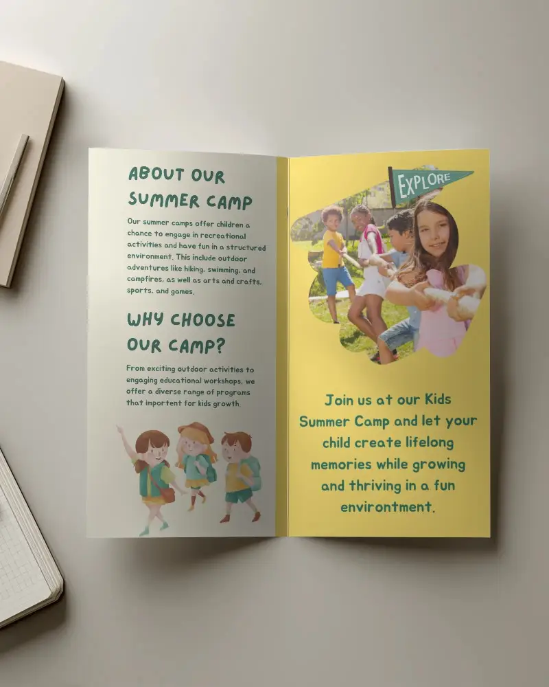 Clean Open Brochure Mockup With Flat Lay Office Supplies For Branding Presentations