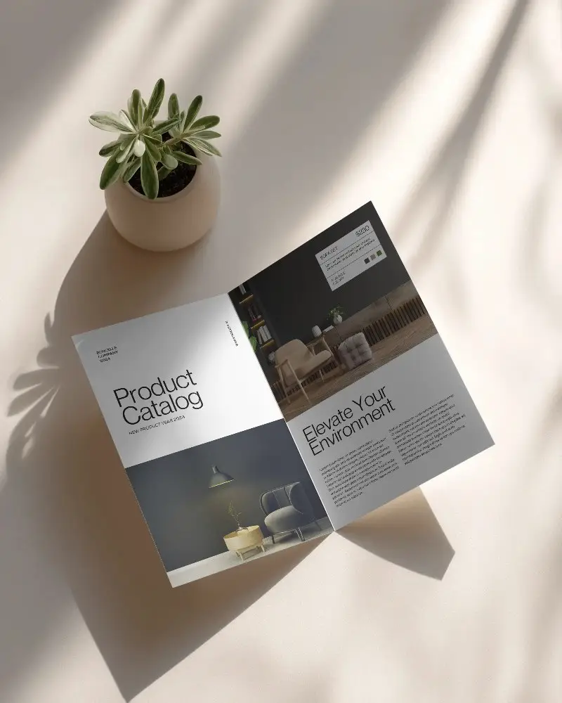 Sleek Minimalist Folded Brochure Mockup On Textured Background With Natural Lighting Effects