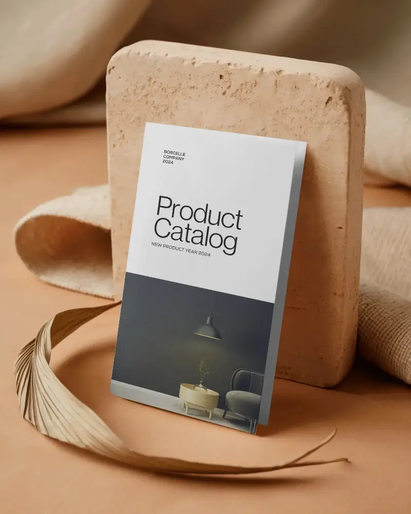 Minimal Beige Studio Brochure Mockup Leaning On Stone Texture With Soft Fabric And Natural Shadows