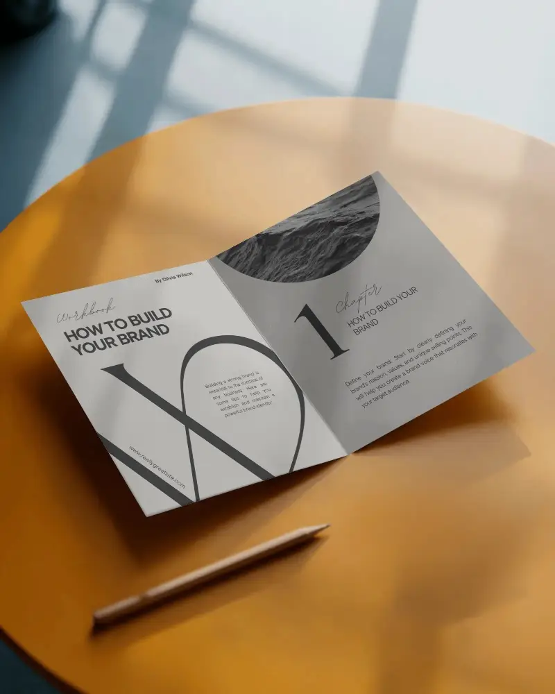 Sunlit Round Table Brochure Mockup Open Fold Layout With Soft Window Shadows And Clean Modern Style