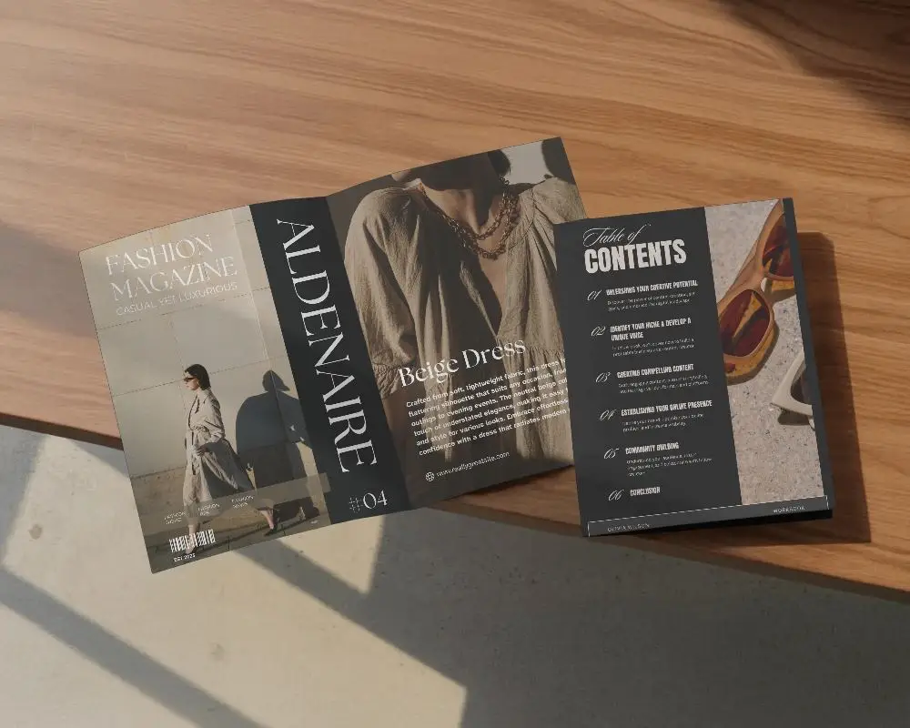 Sunlit Wood Table Bifold Brochure Mockup Clean Layout With Soft Window Shadows And Natural Texture