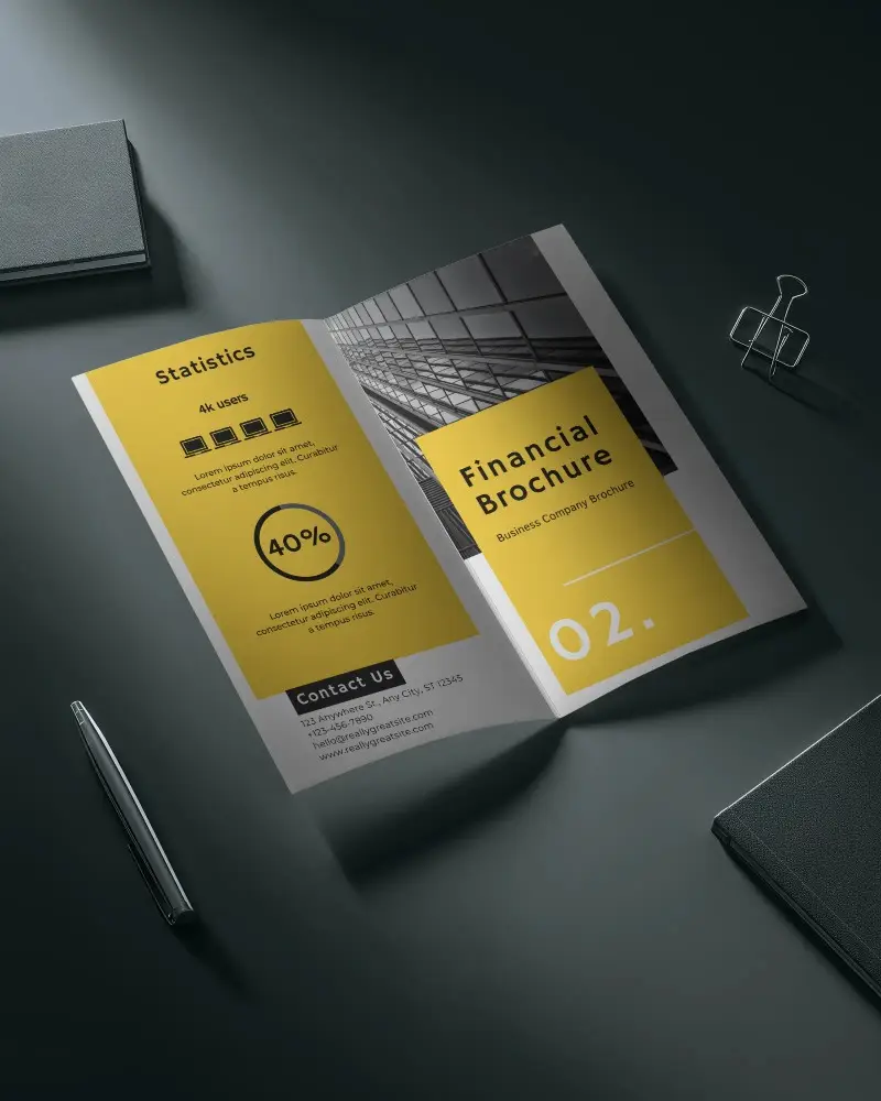Moody Studio Brochure Mockup Open Spread On Matte Black Desk With Premium Editorial Style