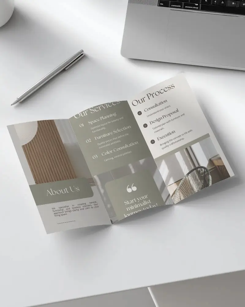 Clean Minimalist Brochure Mockup On Modern Workdesk With Laptop And Pen Accessories