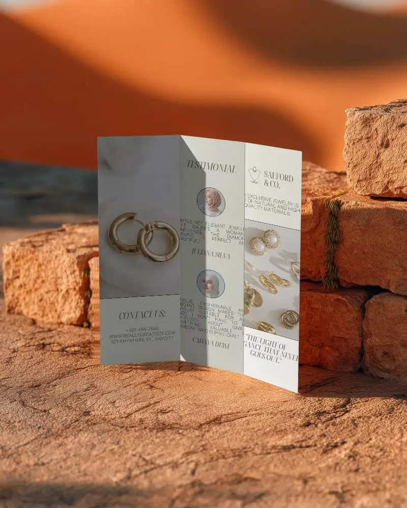 Tri Fold Brochure Mockup Displayed On Natural Rock Surface Outdoor Presentation