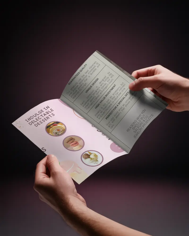 Hands Holding Open Brochure Mockup Blank Pages Showcasing Clean Design Presentation