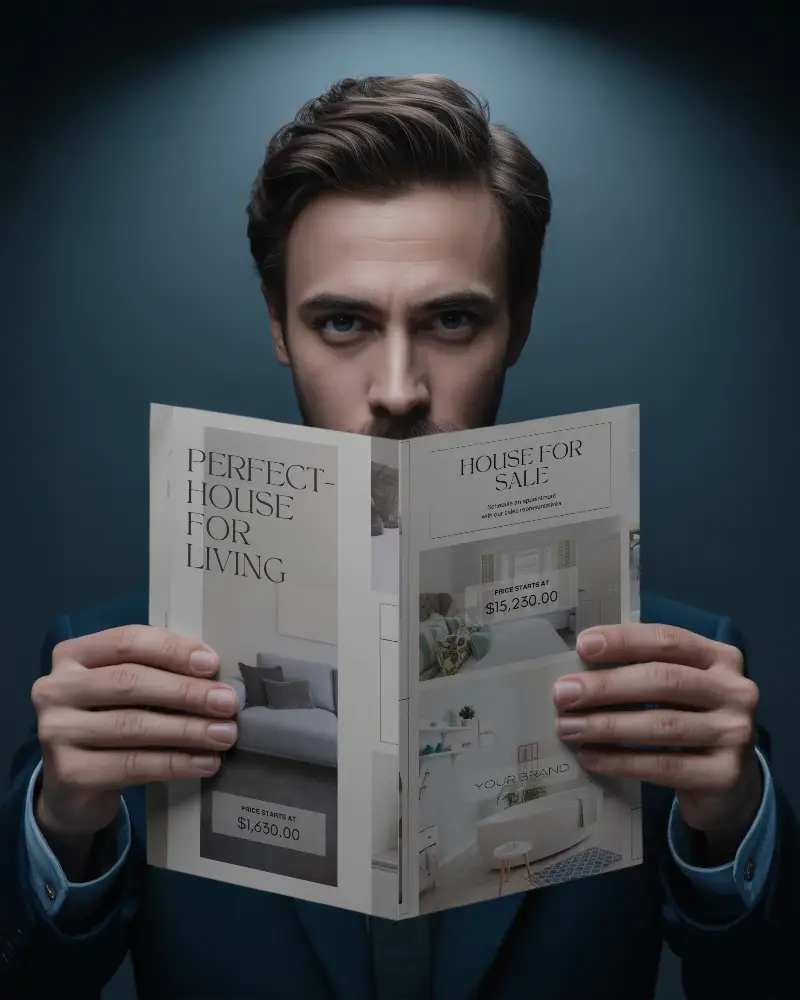 Elegant Man Holding Minimalist Brochure Mockup For Business Marketing And Brand Presentation