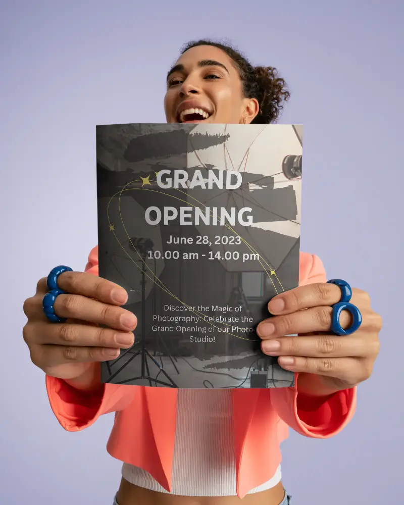 Smiling Female Showing Empty Brochure Mockup Closeup For Advertising Use