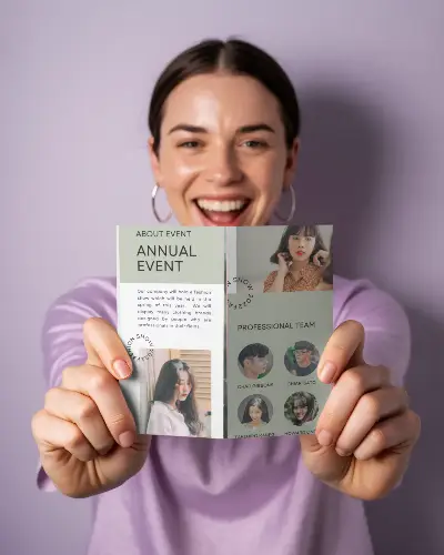 Smiling Person Showing Empty Brochure Mockup Closeup For Branding Project Preview