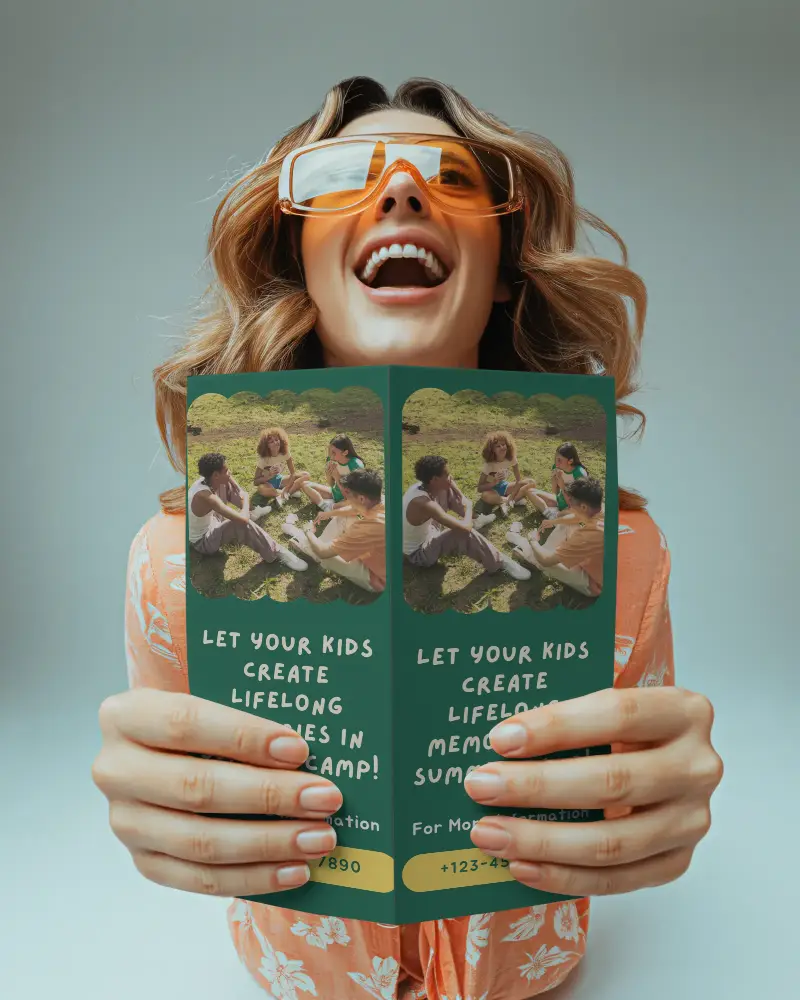 Cheerful Woman Holding Large Folded Brochure Mockup Marketing And Advertising Purposes