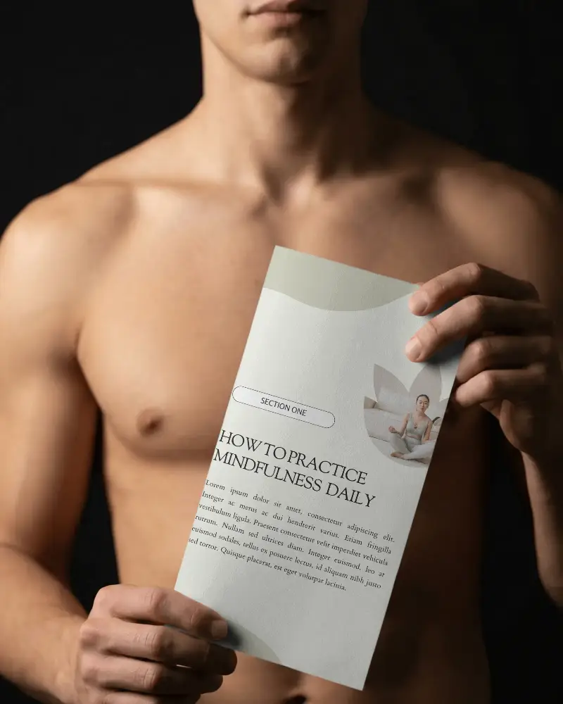 Shirtless Man Holding Blank Brochure Mockup For Promotional Marketing Presentation