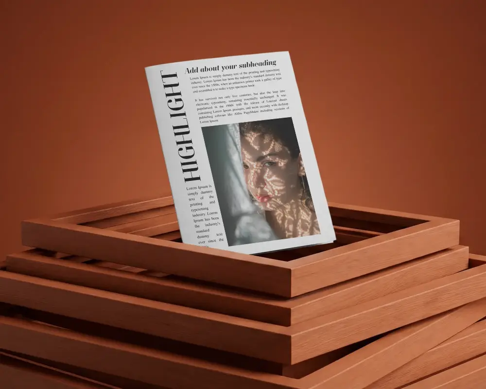 Premium Brochure Mockup Showcasing Elegant Minimalistic Design On Layered Wooden Frames