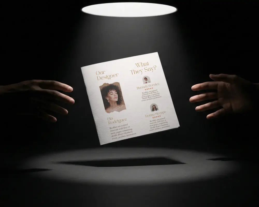 Modern Brochure Design Mockup Floating Centered Light Focus Minimalistic Dark Theme Layout