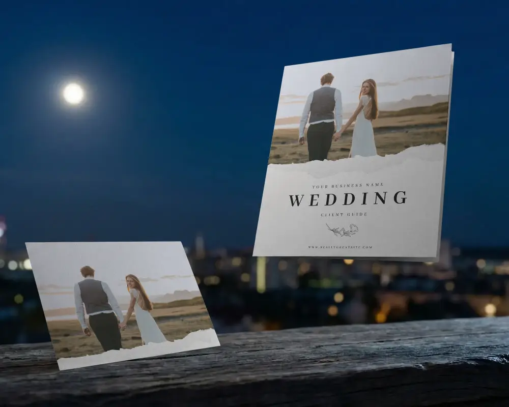 Square Brochure Mockup Floating Above Wooden Surface Night Cityscape Background