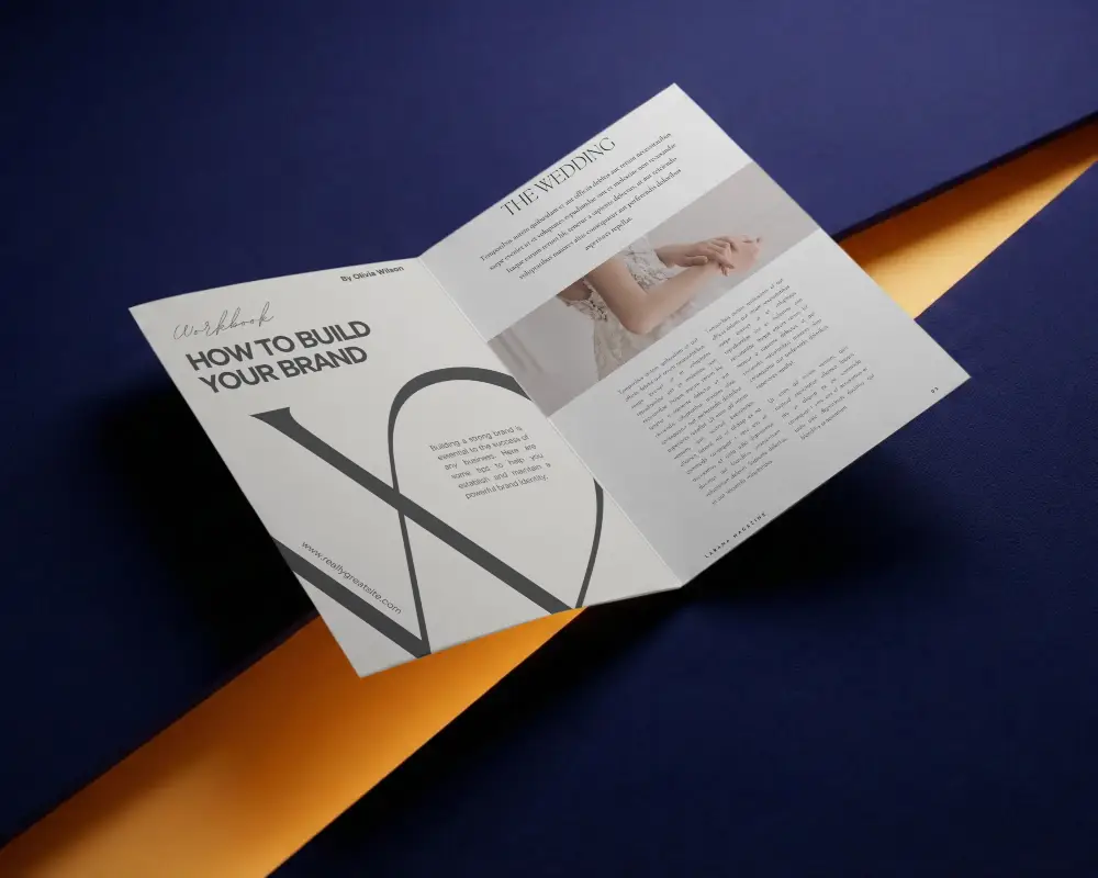 Minimalistic Open Brochure Mockup On Contrasting Textured Background For Modern Presentations