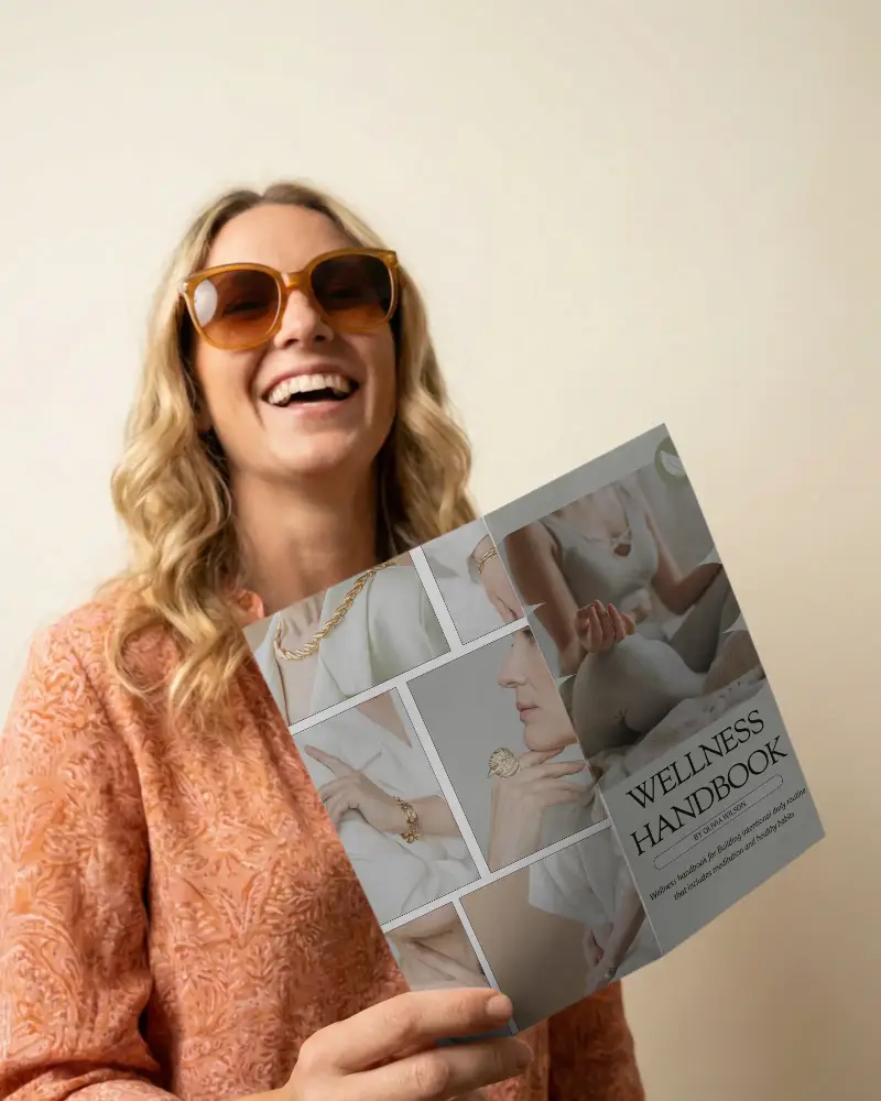 Cheerful Woman Holding Two Panel Brochure Mockup For Promotional Materials And Marketing