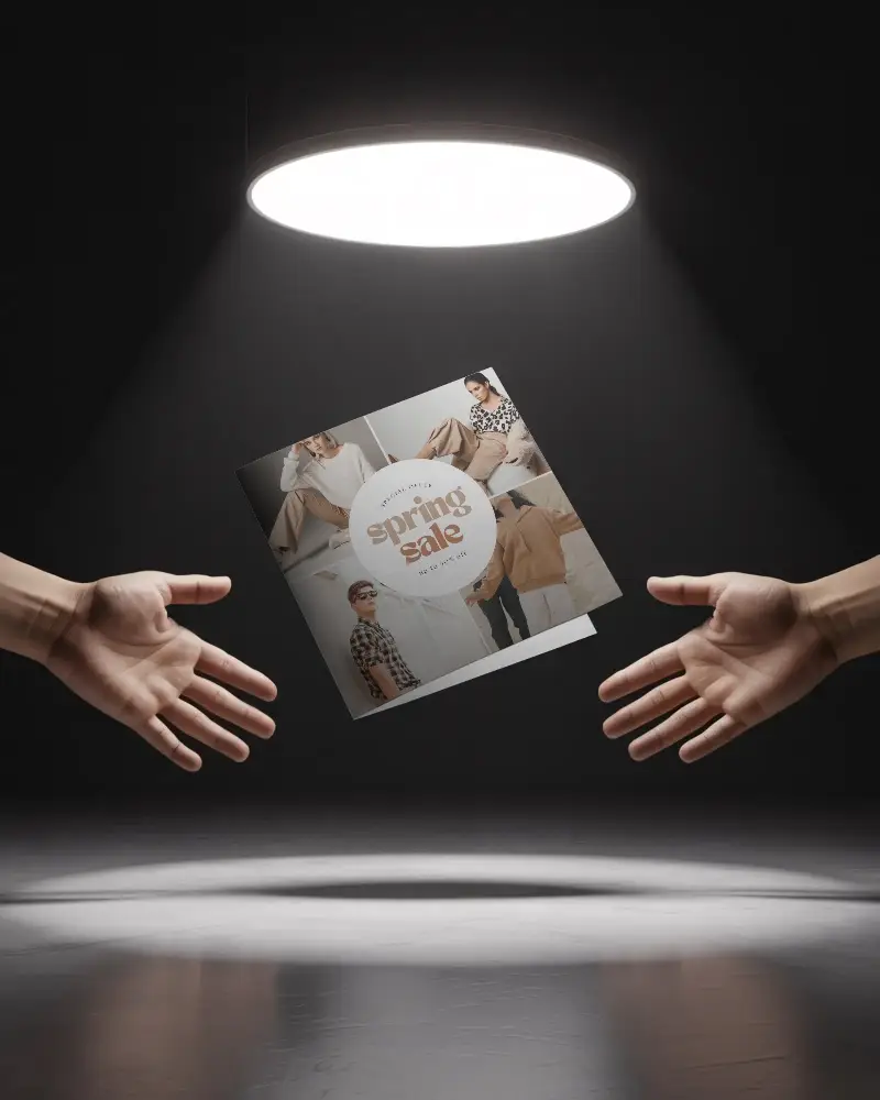 Minimalistic Floating Brochure Mockup Showcase In Modern Dark Environment With Hands