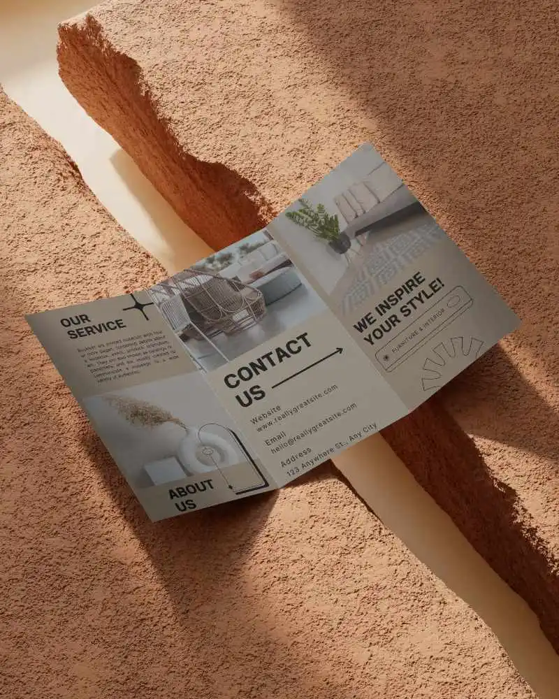 Premium Trifold Brochure Mockup On Textured Surface With Natural Lighting Effect