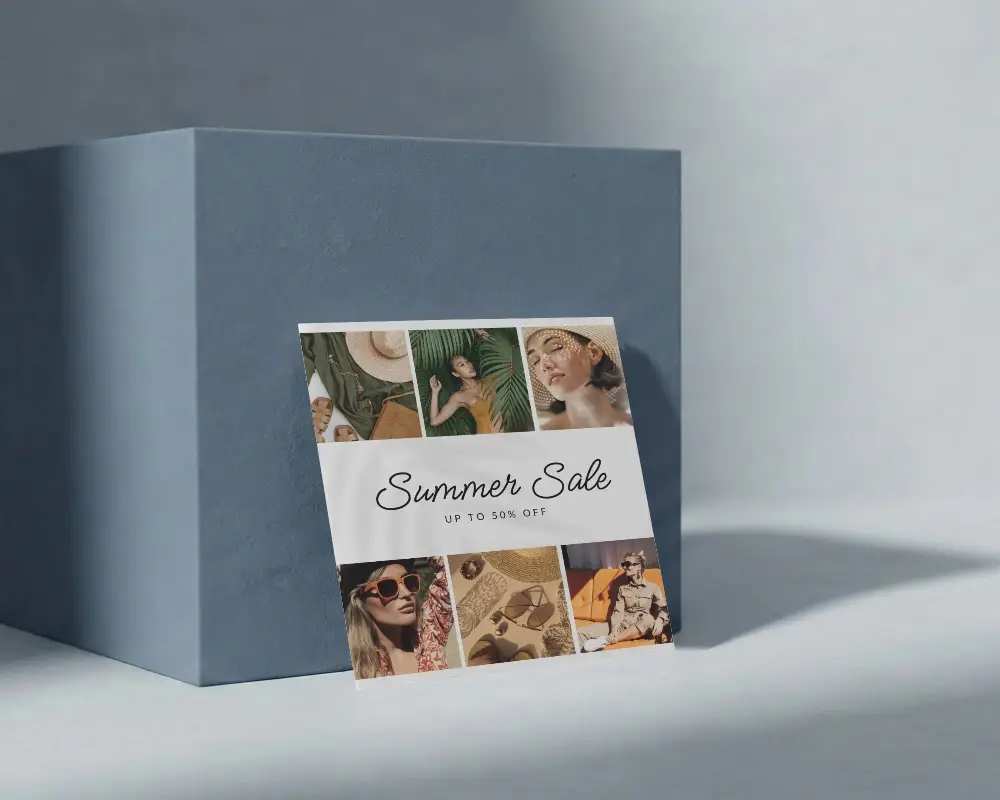 Square Brochure Mockup Leaning Against Textured Cubic Surface For Clean Presentation