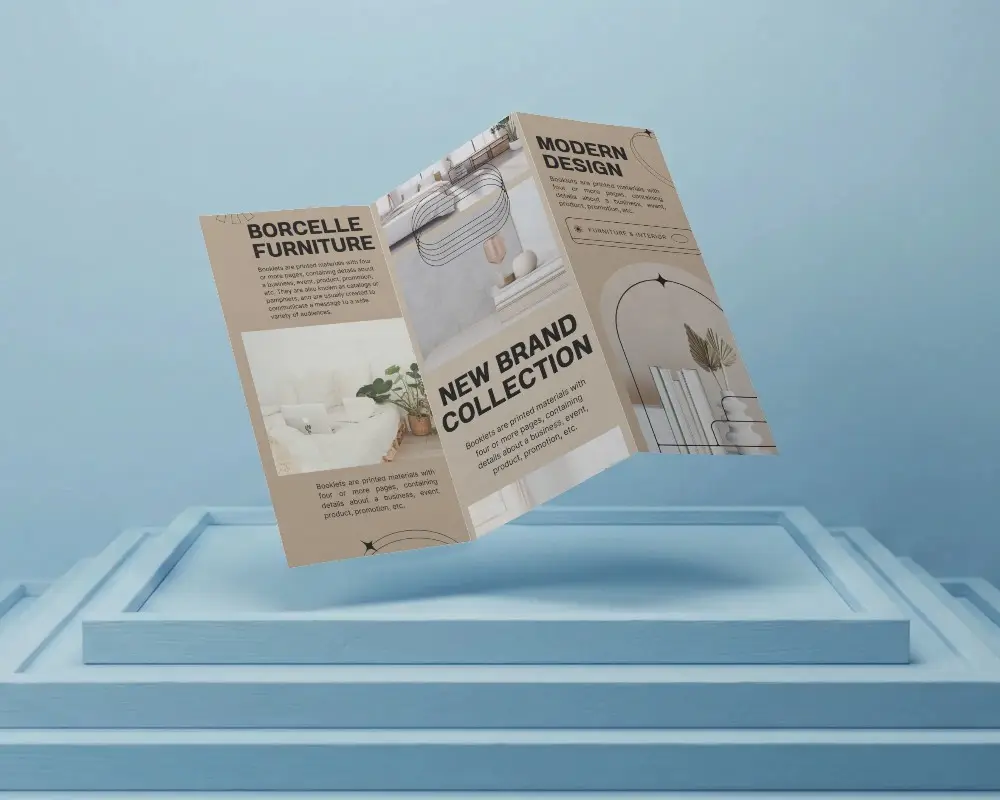 Professional Trifold Brochure Mockup Isolated Floating On Simple Geometric Stand
