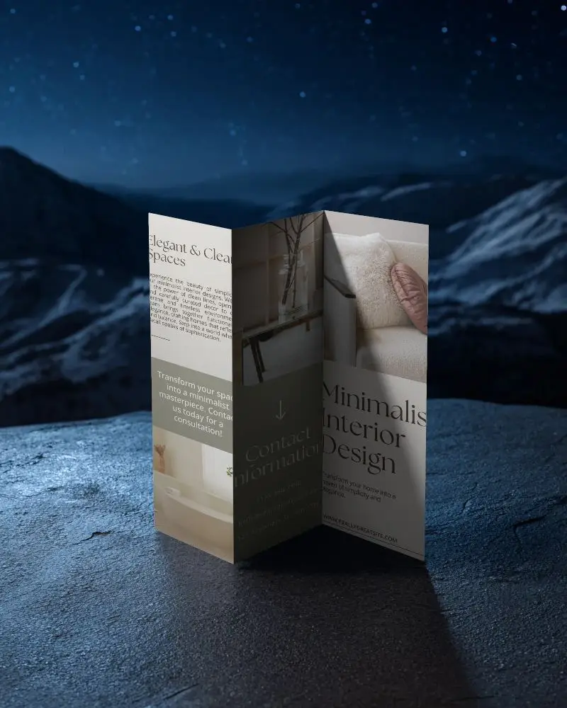 Tri Fold Brochure Mockup Standing Outdoor On Rocky Ground With Starry Night Mountain View