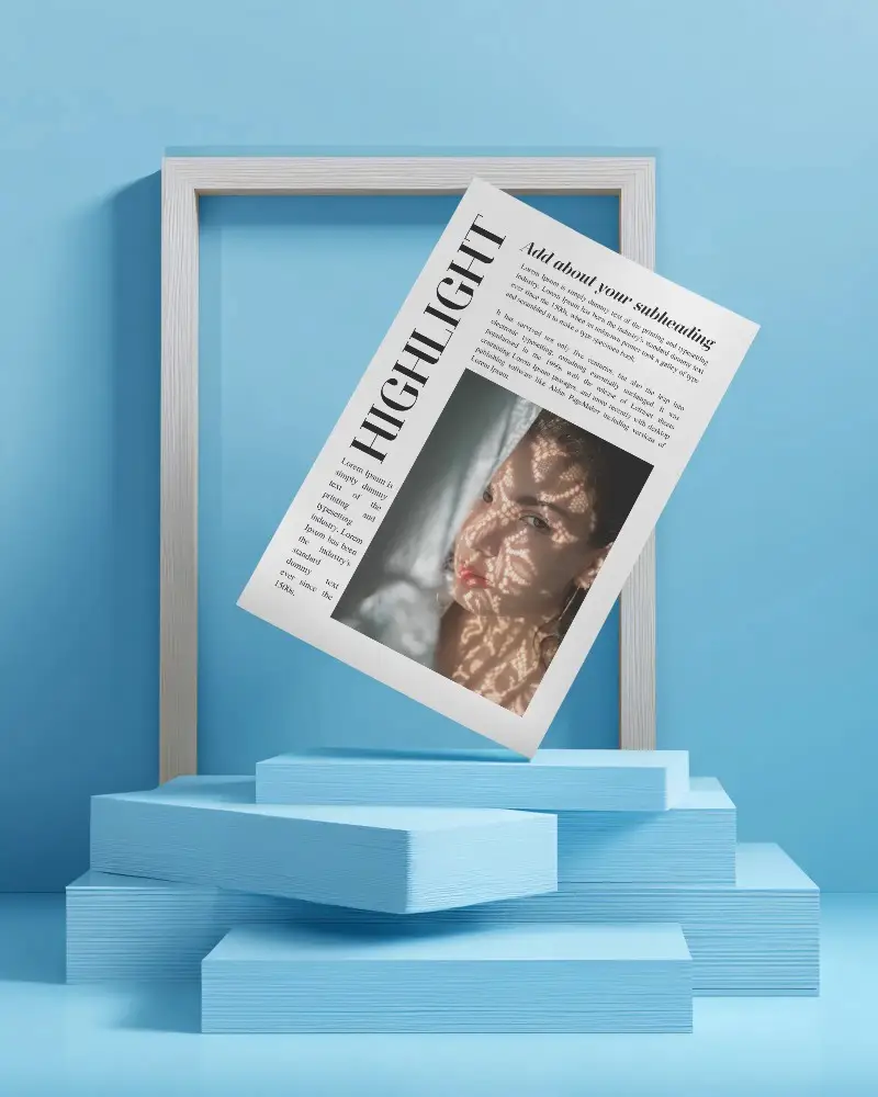 Modern Brochure Mockup Standing On Multi Layered Steps With Frame Background
