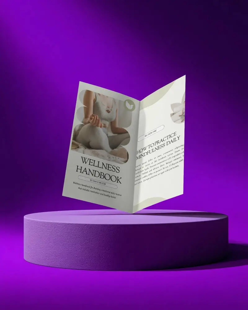 Realistic Floating Open Brochure Mockup Minimalist Round Podium Display