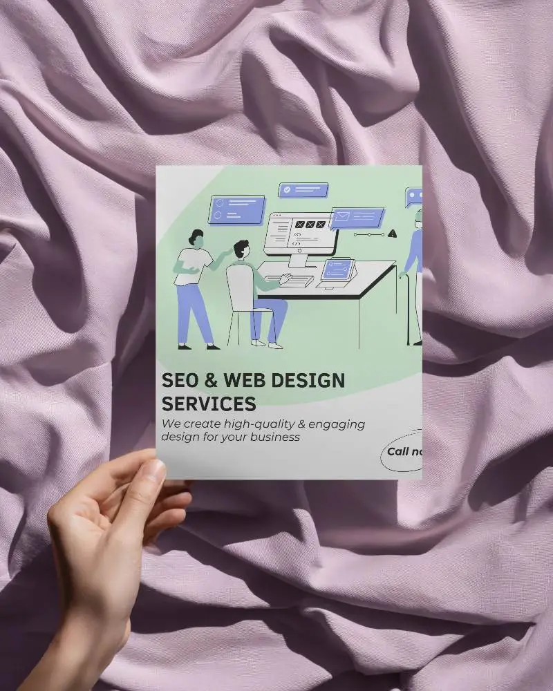 Hand Holding Square Brochure Mockup Over Textured Fabric Background For Display