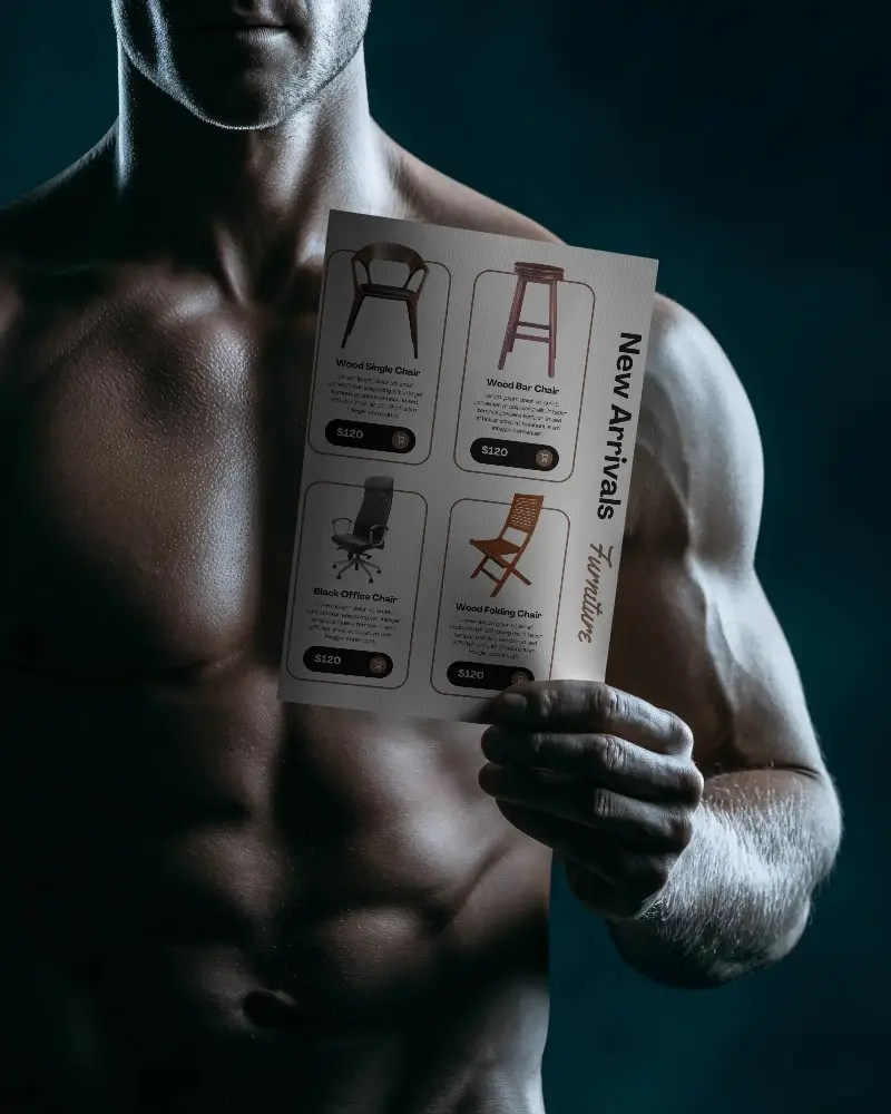 Strong Athlete Exposing Chest Holding Empty Brochure Mockup For Design And Branding Use