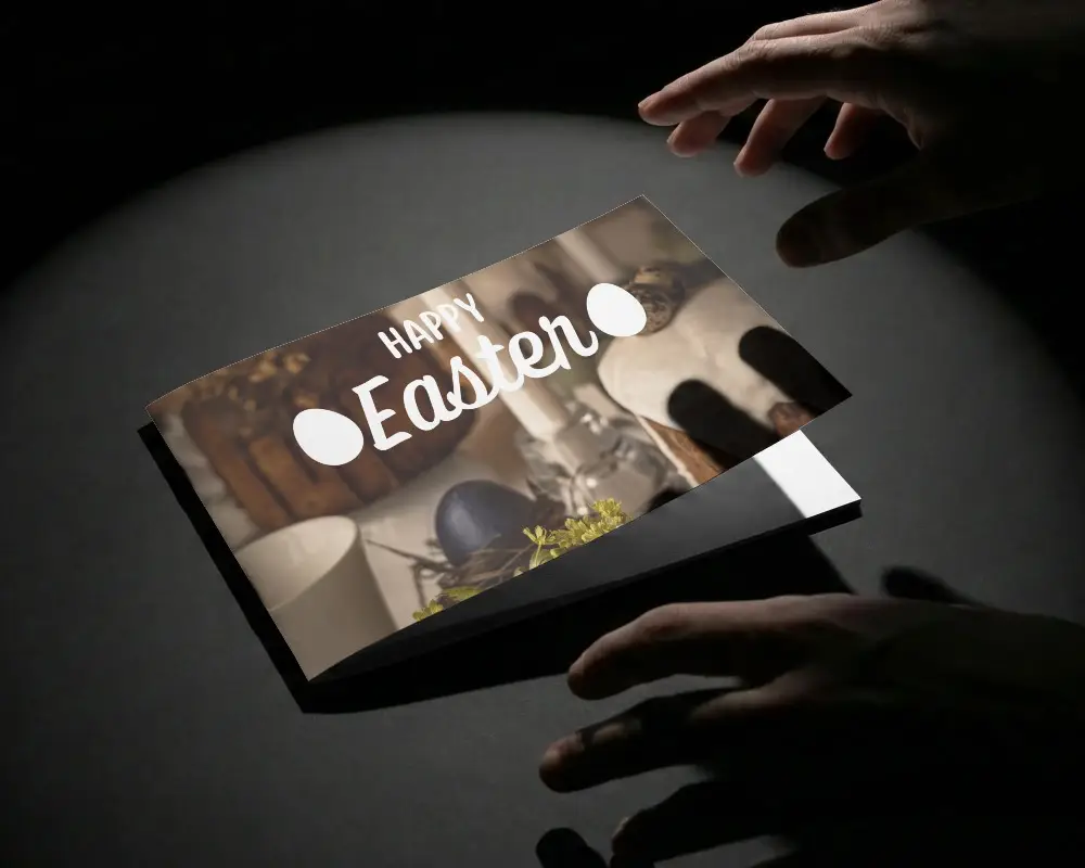 Creative Brochure Mockup With Human Hands And Subtle Shadows On Dark Flat Surface