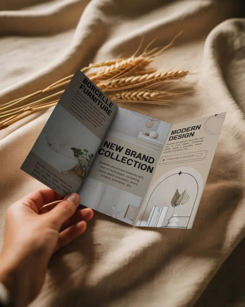 Hand Holding Trifold Brochure Mockup On Textured Fabric Background For Design Presentation
