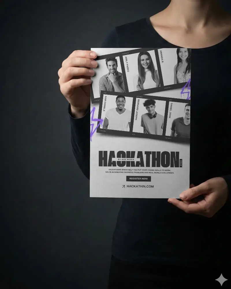 Realistic Brochure Mockup Held By Hand Against Dark Background For Design Display