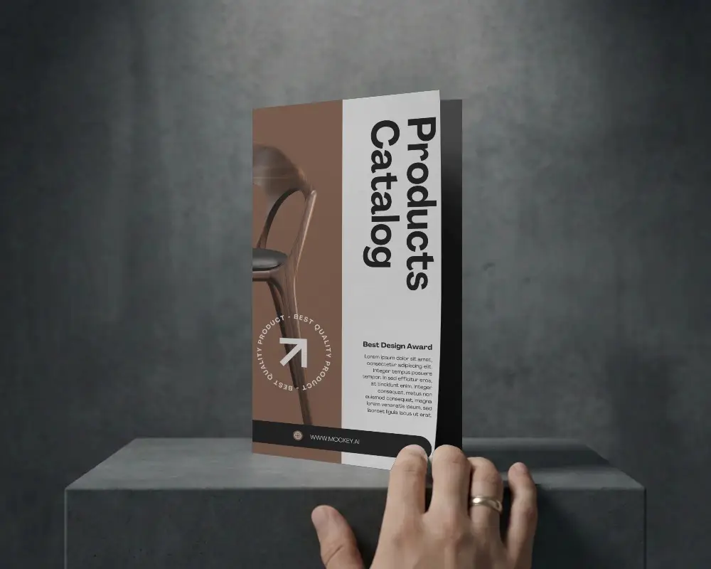 Modern Minimalist Brochure Mockup With Hand On Elegant Stand For Presentation Purposes